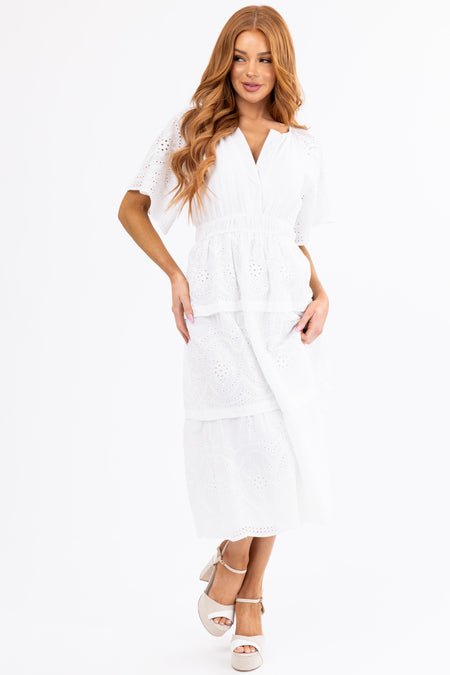 Off White Eyelet Detailed Tiered Midi Dress