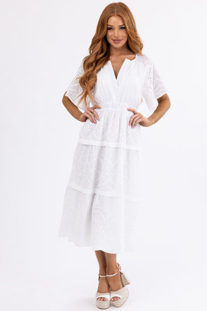 Off White Eyelet Detailed Tiered Midi Dress