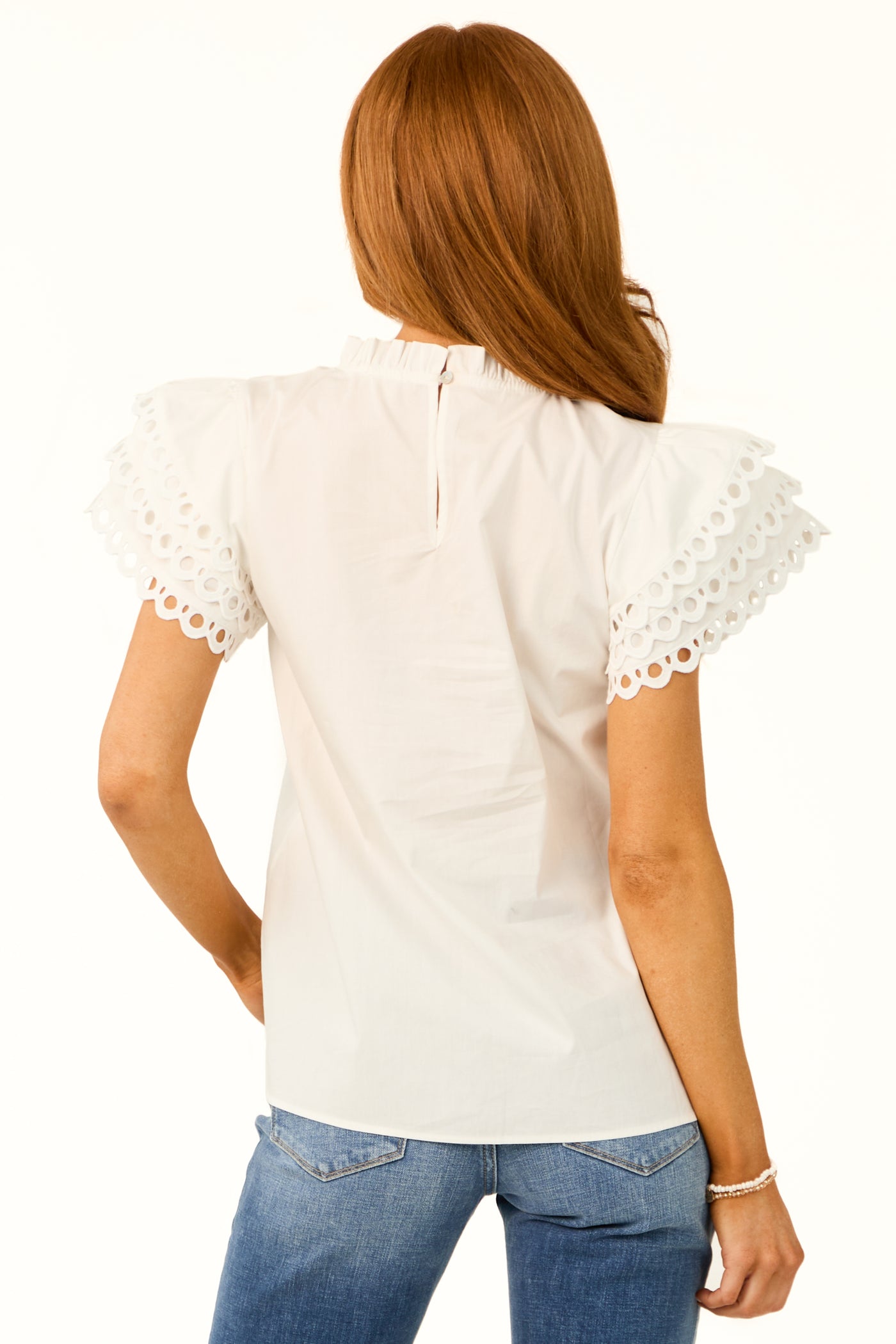 Off White Eyelet Ruffle Short Sleeve Top