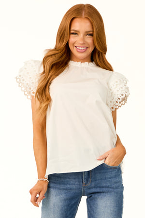 Off White Eyelet Ruffle Short Sleeve Top