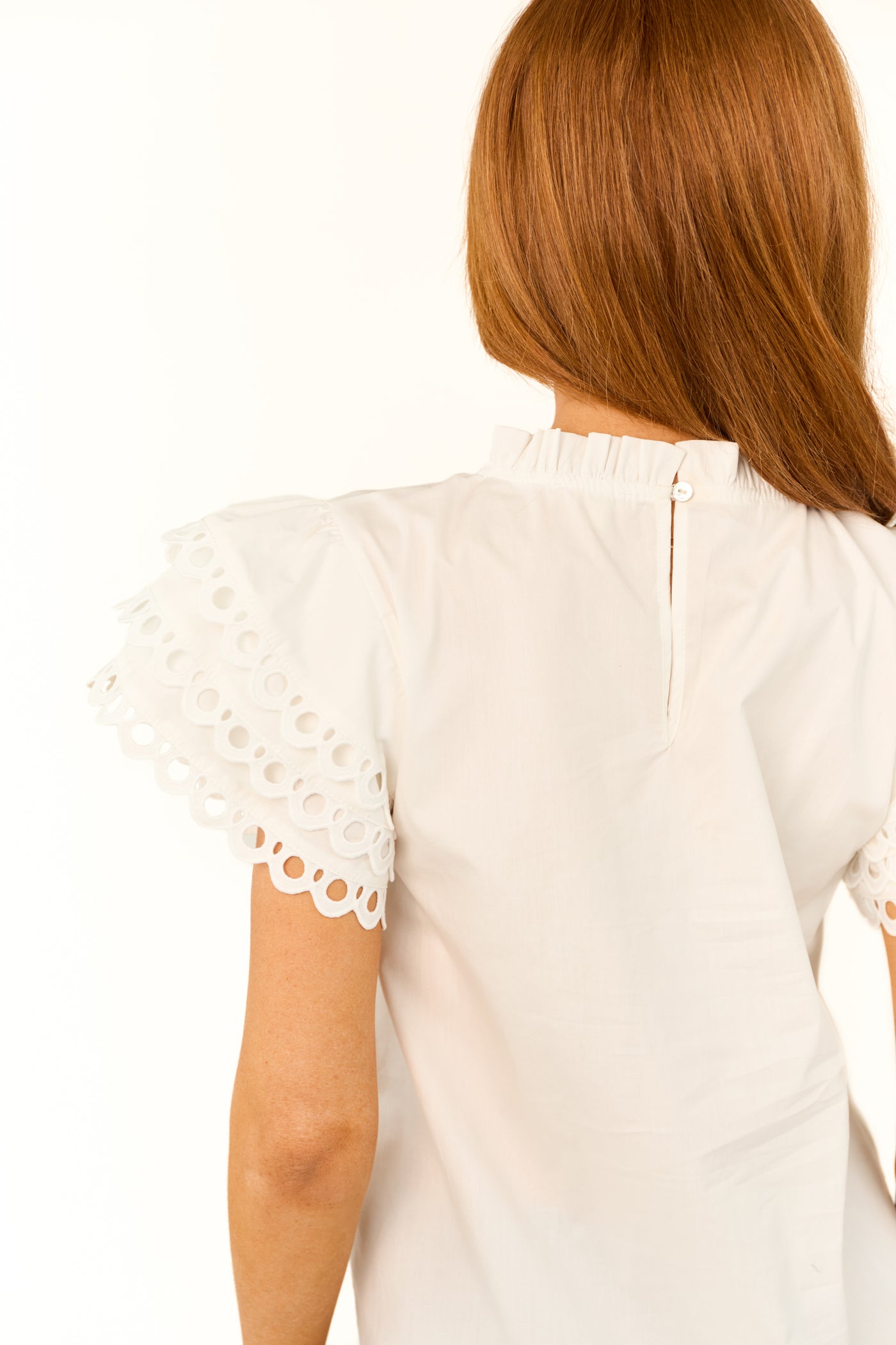 Off White Eyelet Ruffle Short Sleeve Top