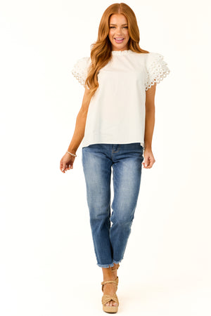 Off White Eyelet Ruffle Short Sleeve Top