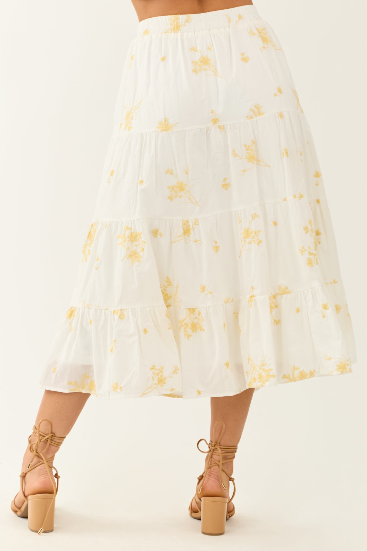 Off White Floral Embroidered Tiered Midi Skirt