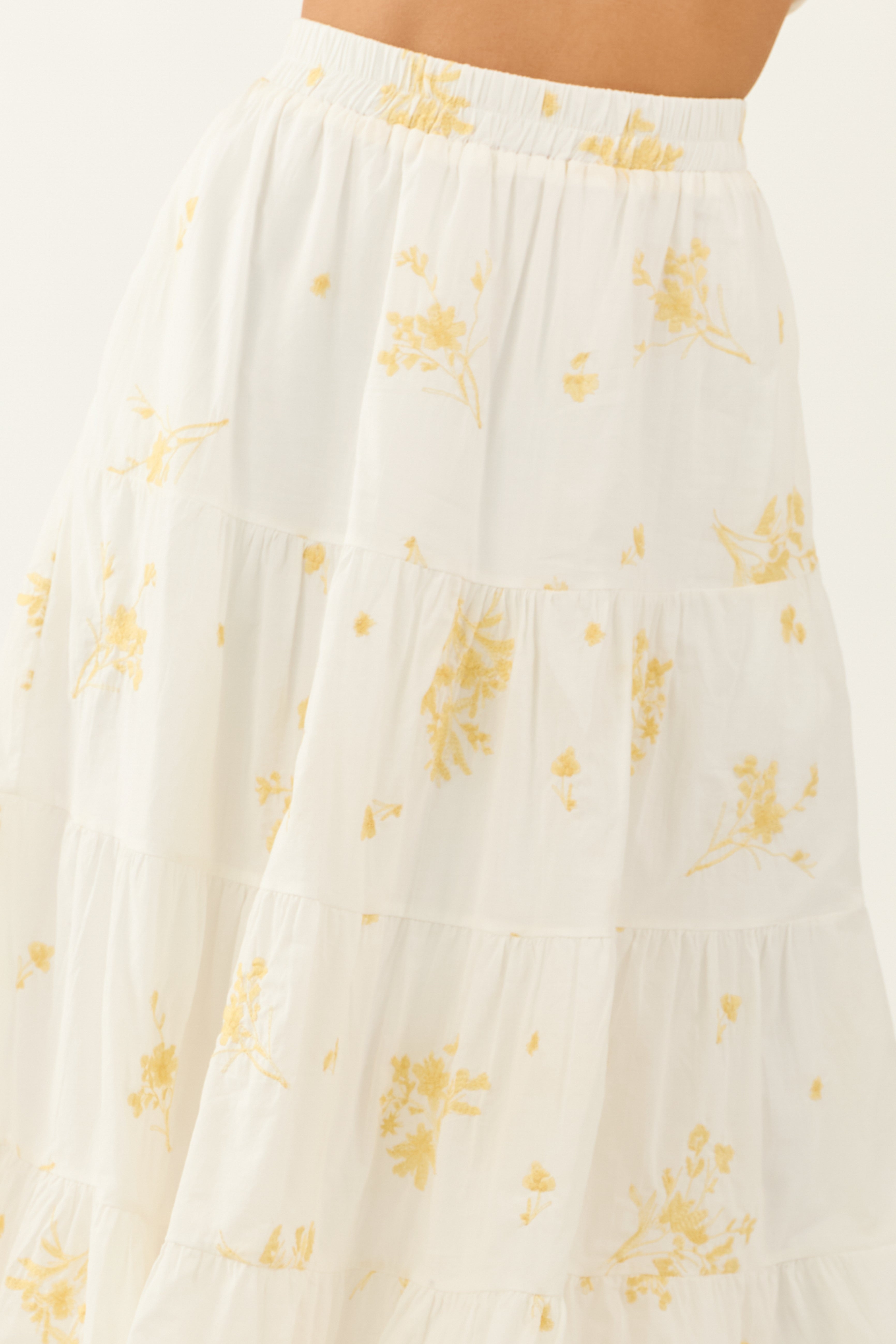 Off White Floral Embroidered Tiered Midi Skirt