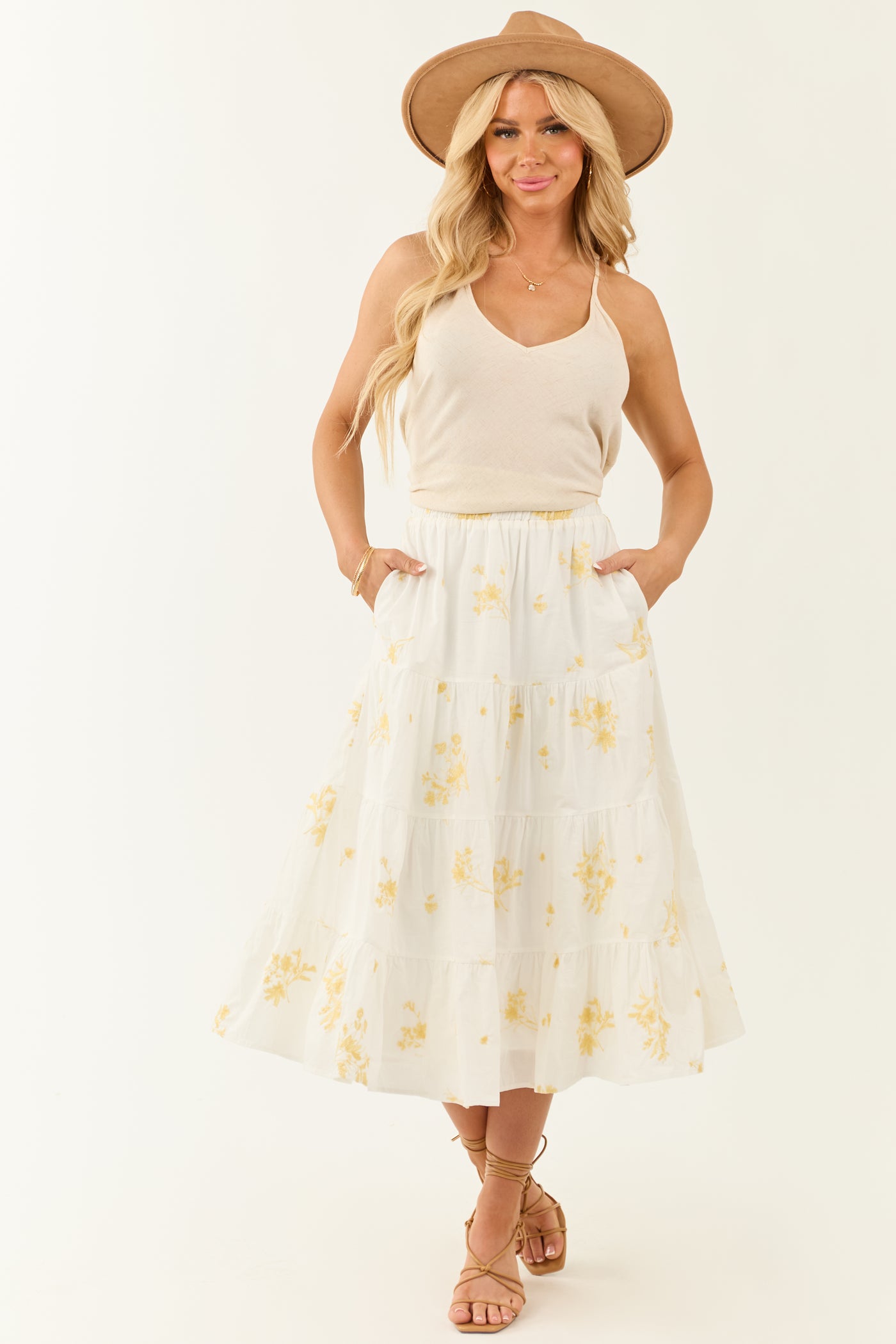 Off White Floral Embroidered Tiered Midi Skirt