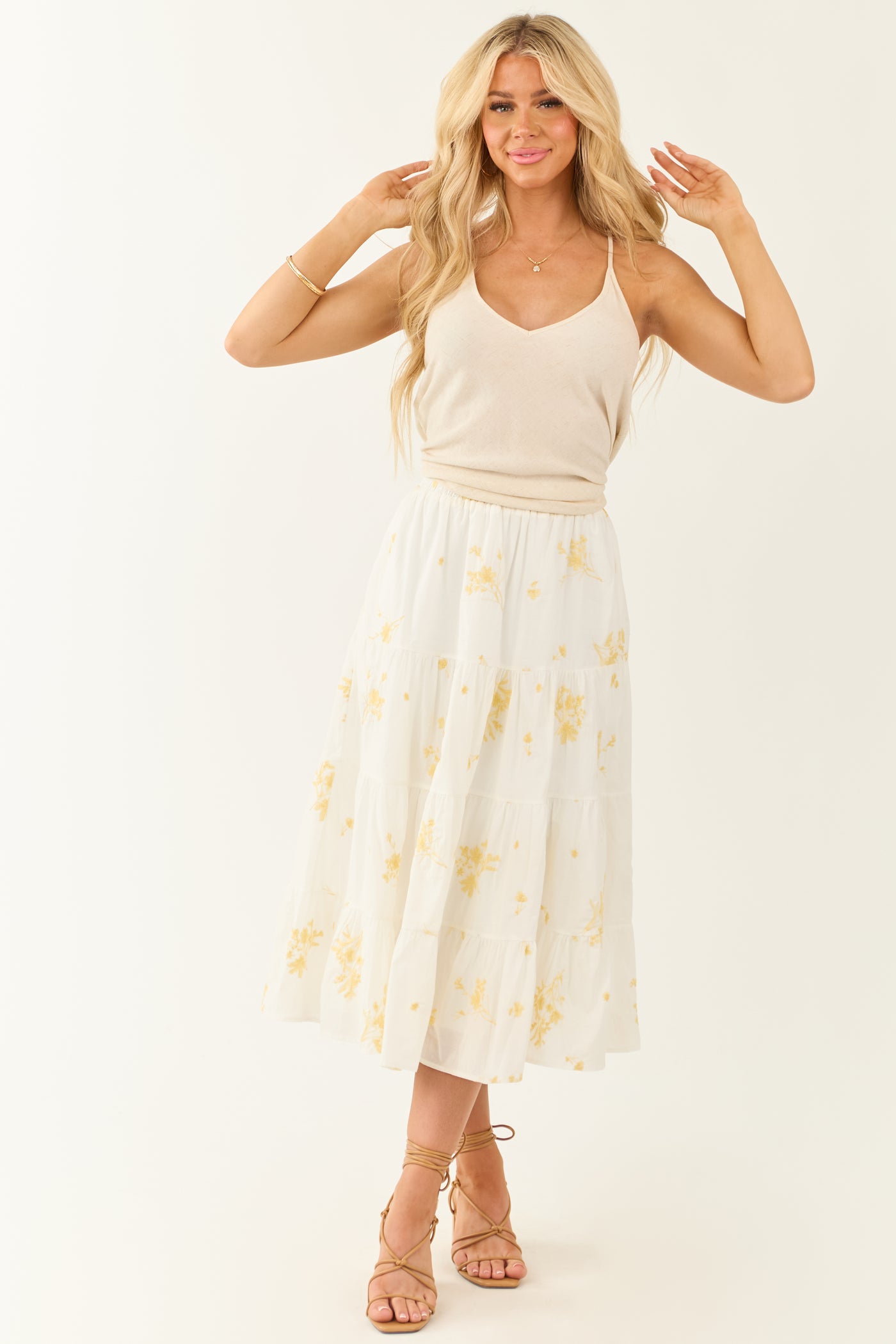 Off White Floral Embroidered Tiered Midi Skirt