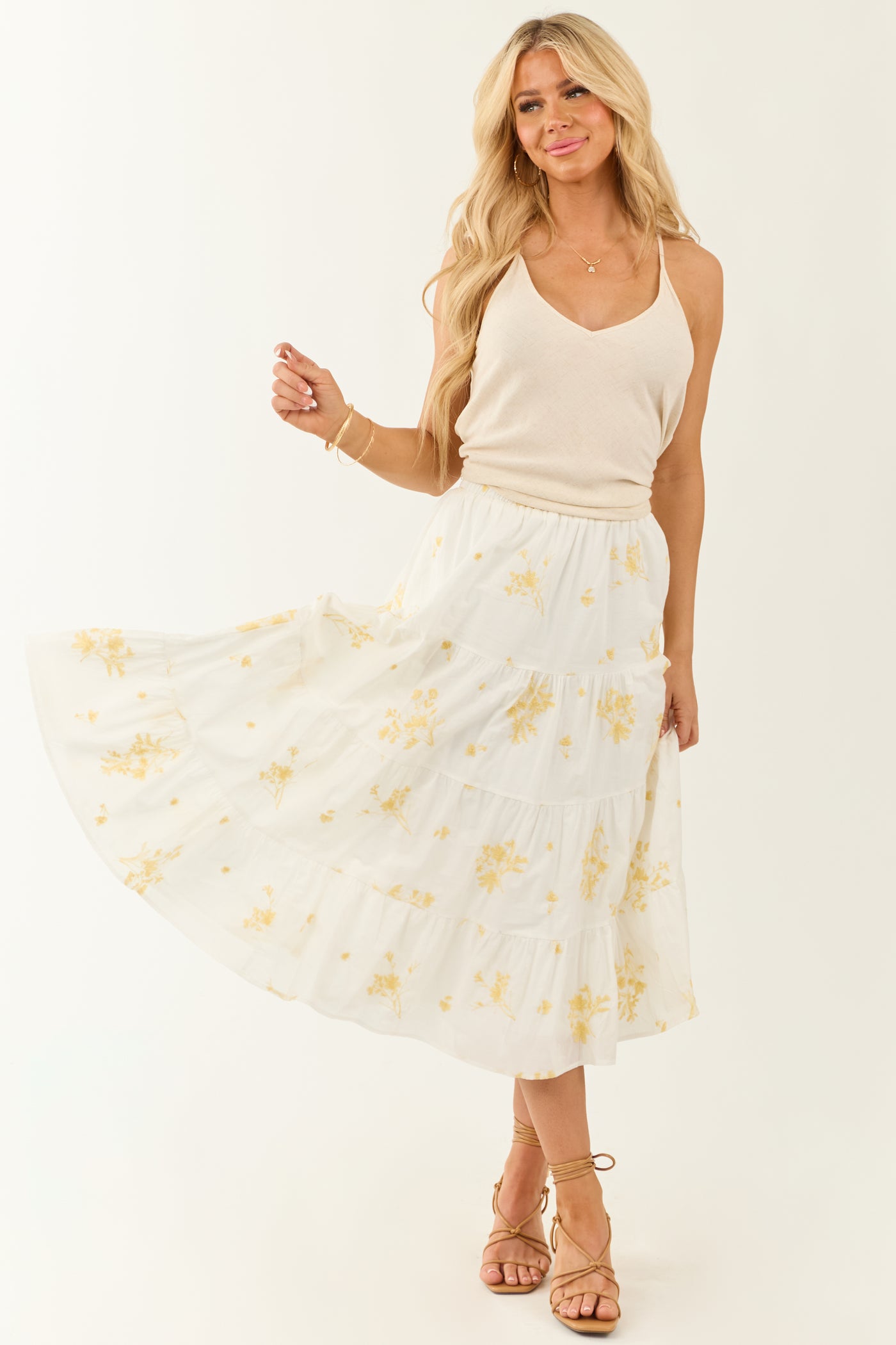 Off White Floral Embroidered Tiered Midi Skirt