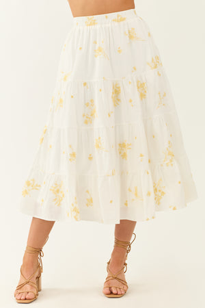 Off White Floral Embroidered Tiered Midi Skirt