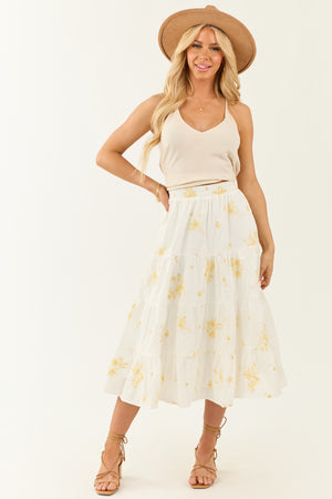 Off White Floral Embroidered Tiered Midi Skirt