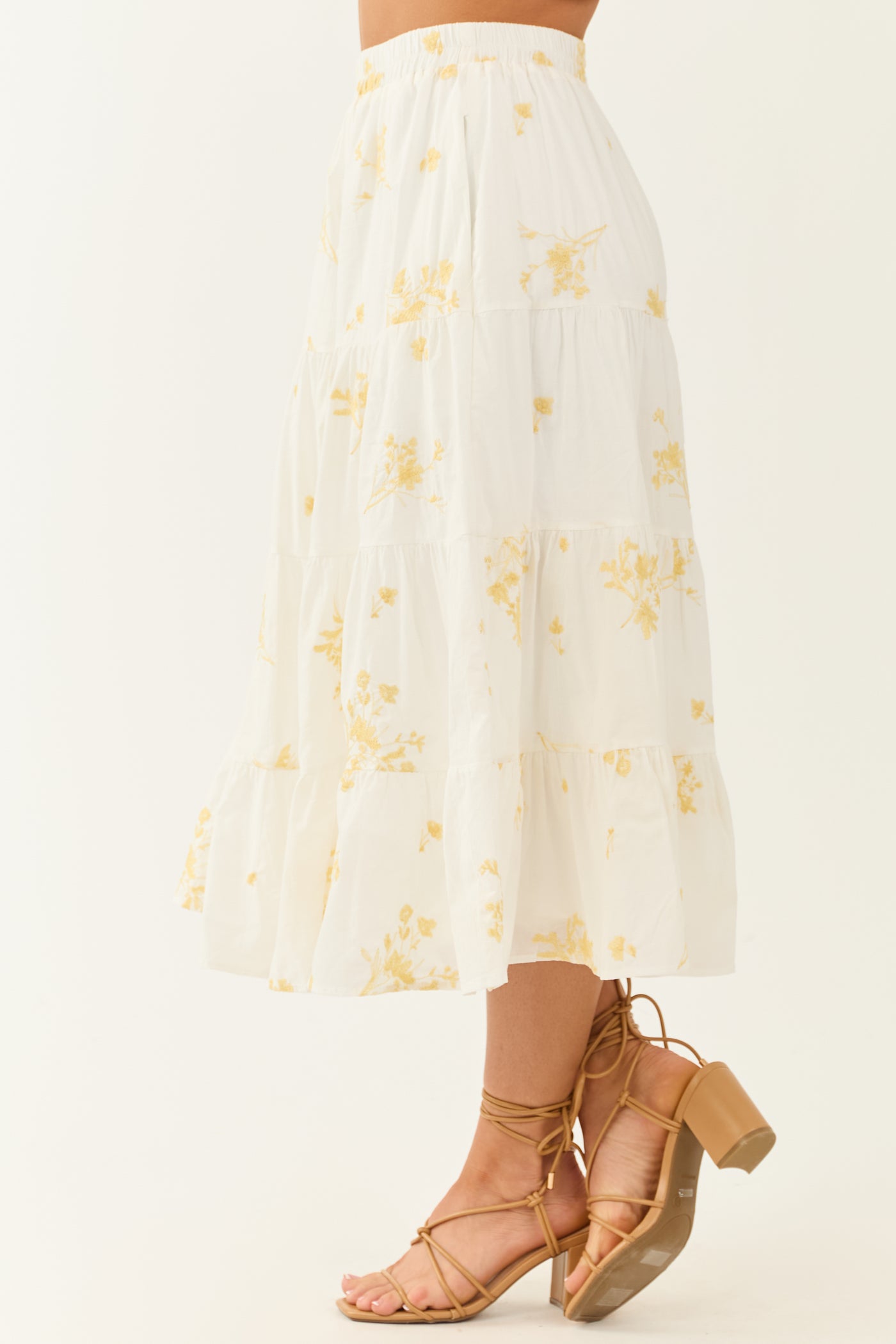 Off White Floral Embroidered Tiered Midi Skirt