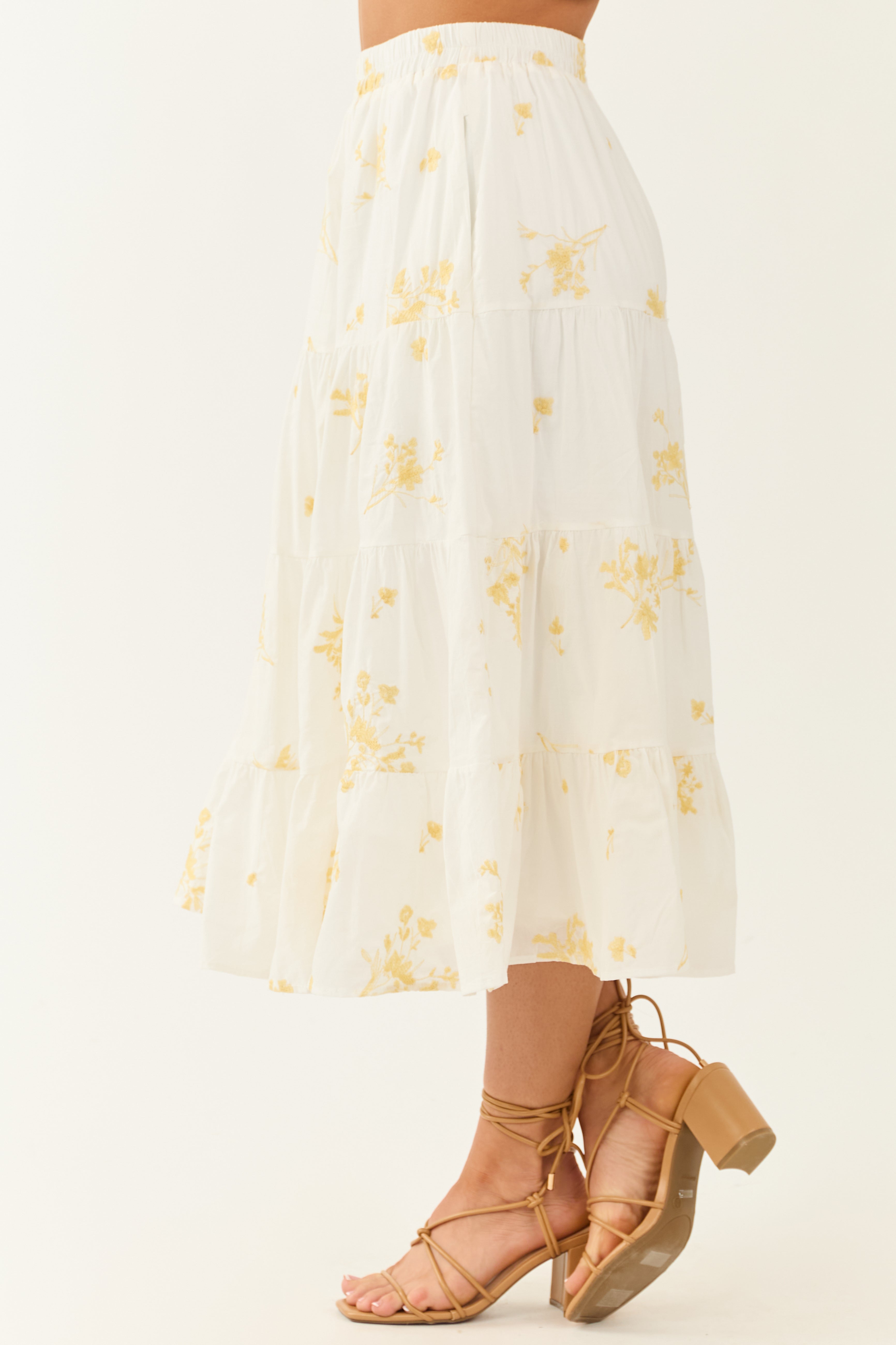 Off White Floral Embroidered Tiered Midi Skirt