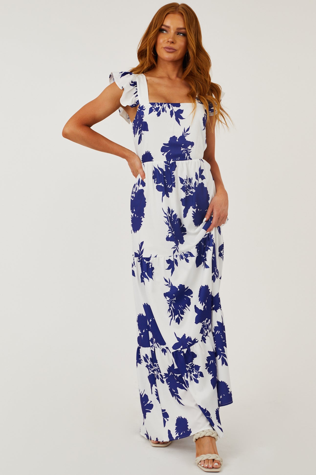 Off White Floral Ruffle Strap Tiered Maxi Dress