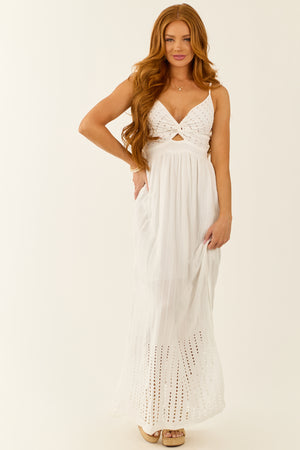 Off White Front Twist Eyelet Cut Out Maxi Dress