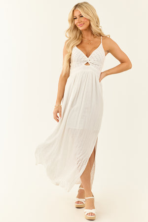 Off White Front Twist Eyelet Cut Out Maxi Dress