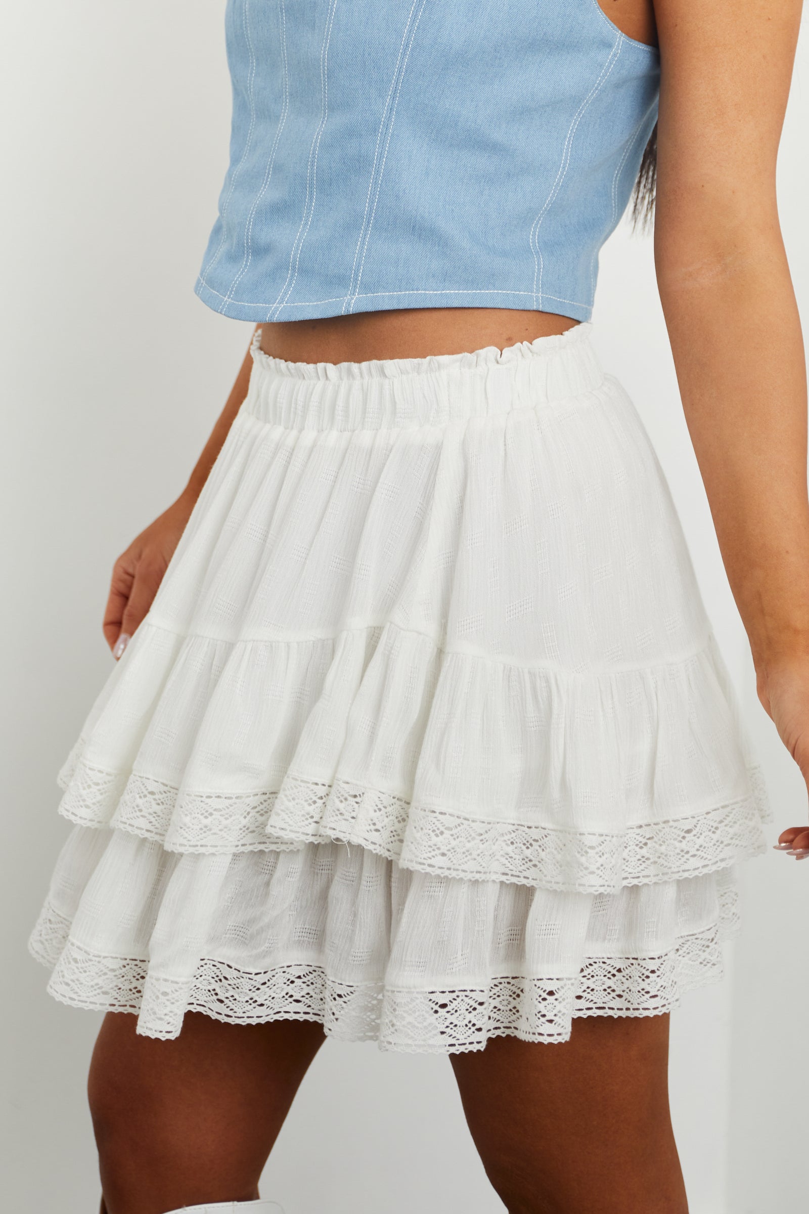 Off White Lace Trim Ruffle Overlay Mini Skirt | Lime Lush