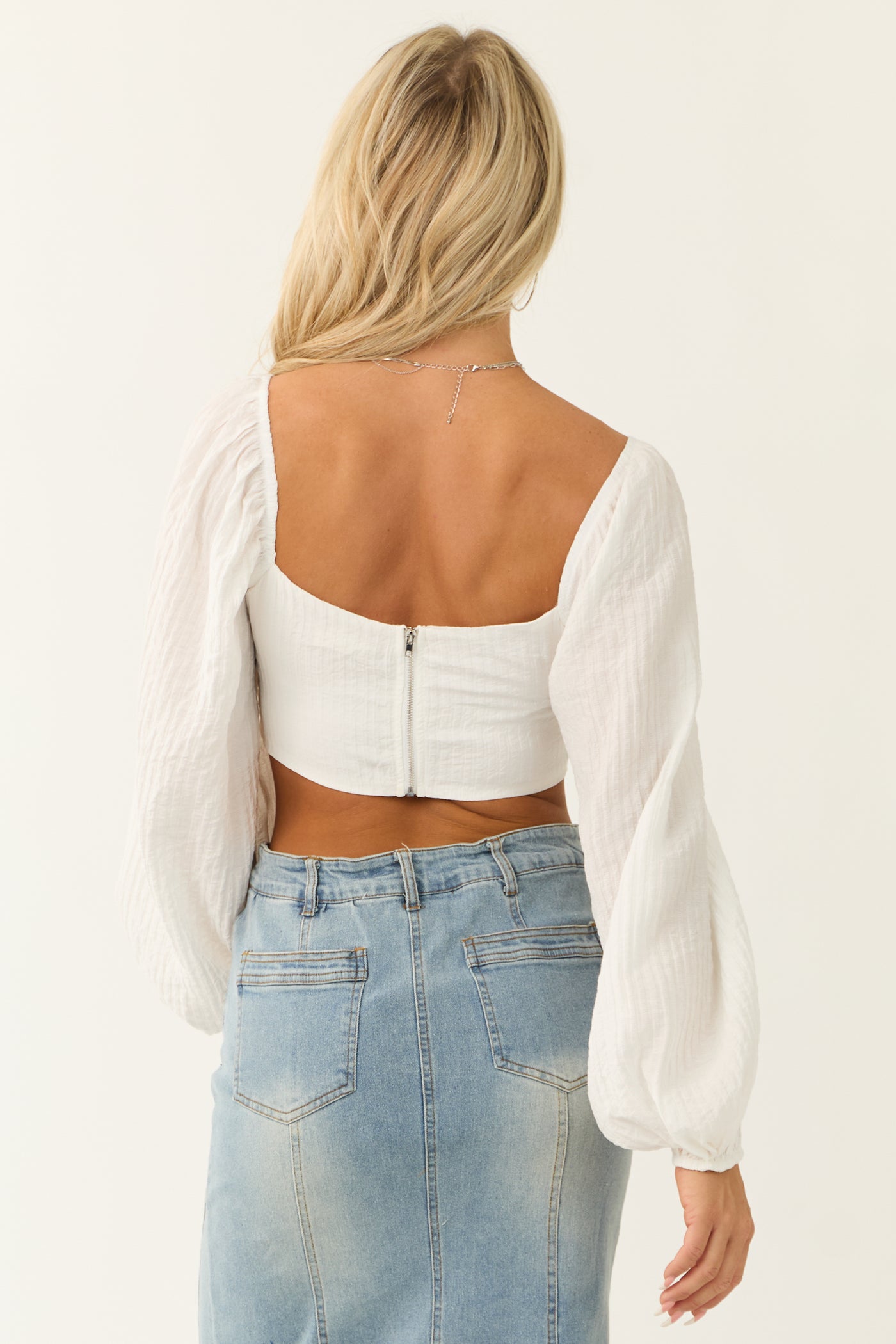 Off White Long Puff Sleeve Corset Crop Top