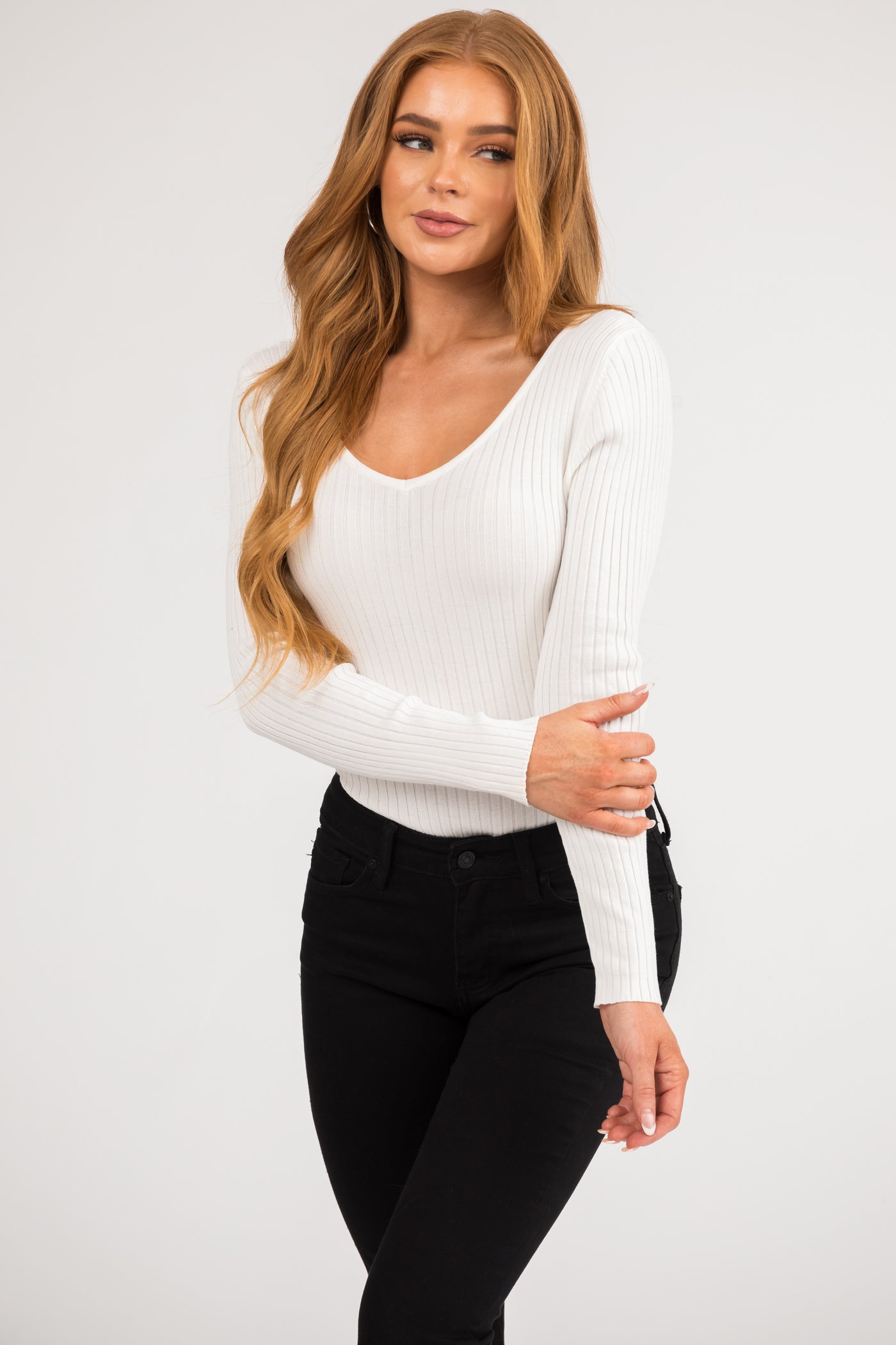 Off White Long Sleeve Ribbed Knit Bodysuit