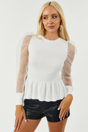 Off White Organza Puff Sleeve Peplum Sweater Top