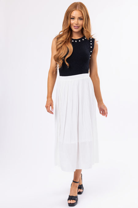 Off White Pleated Elastic Waistband Midi Skirt