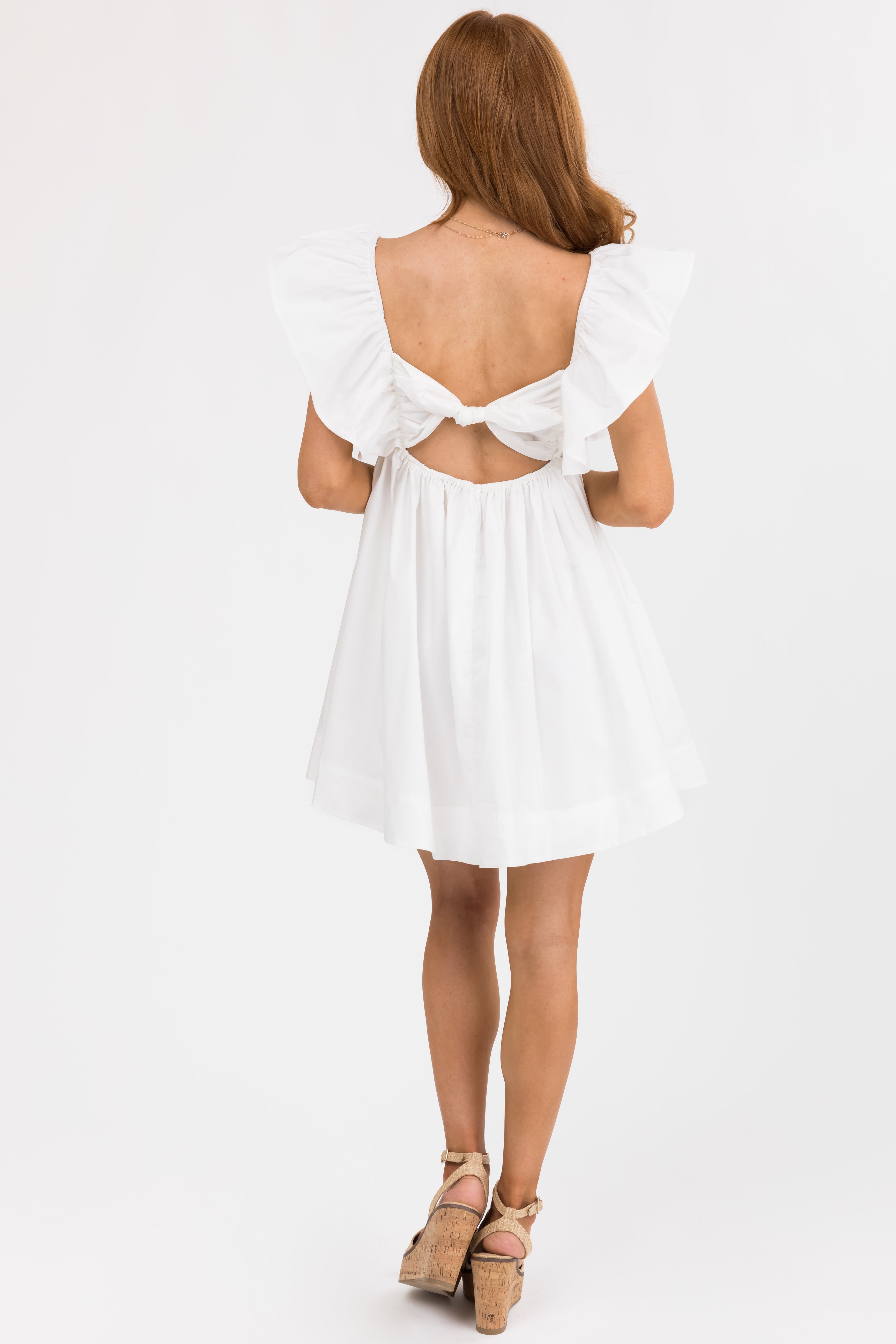 Off White Poplin Short Ruffle Sleeve Mini Dress