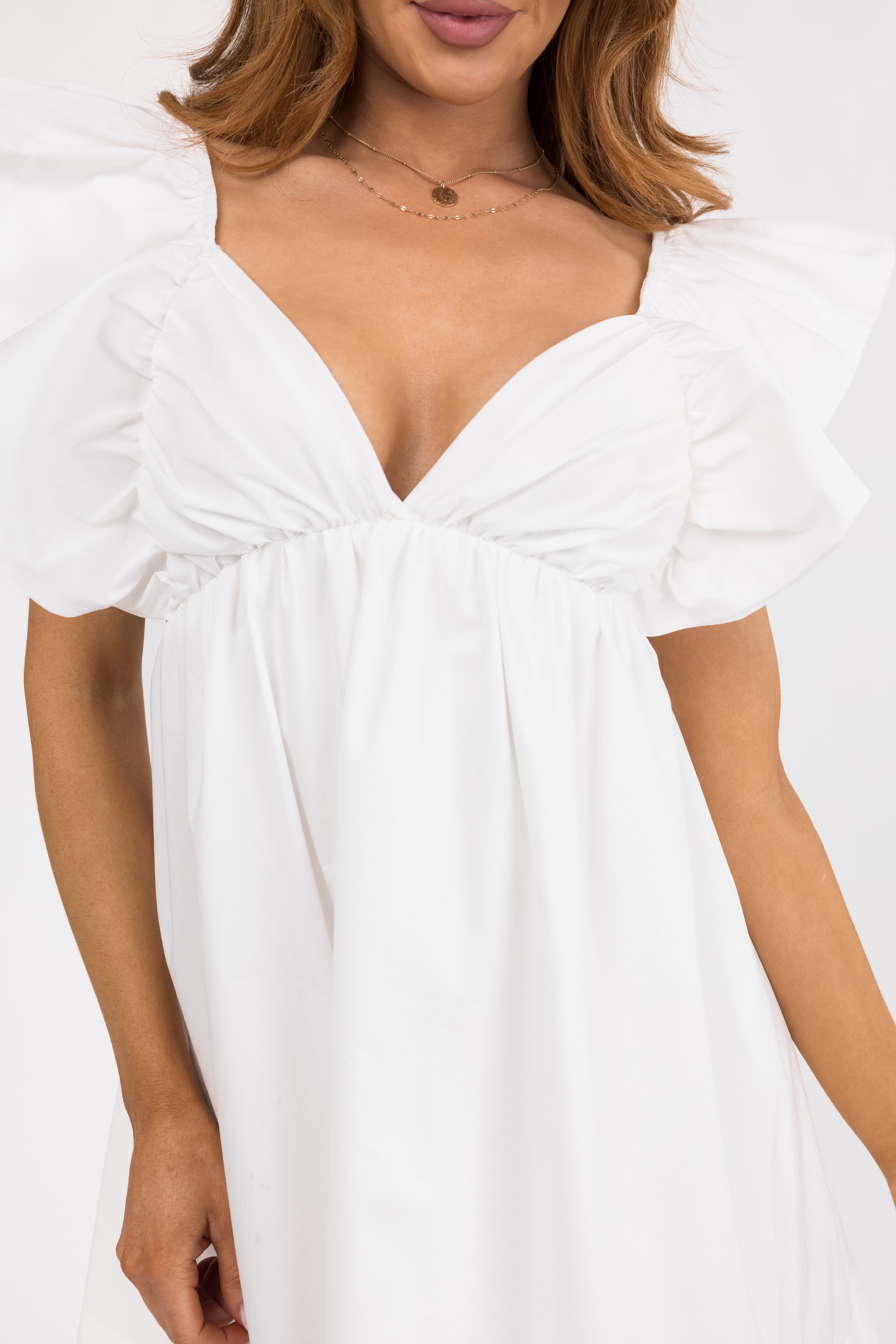 Off White Poplin Short Ruffle Sleeve Mini Dress