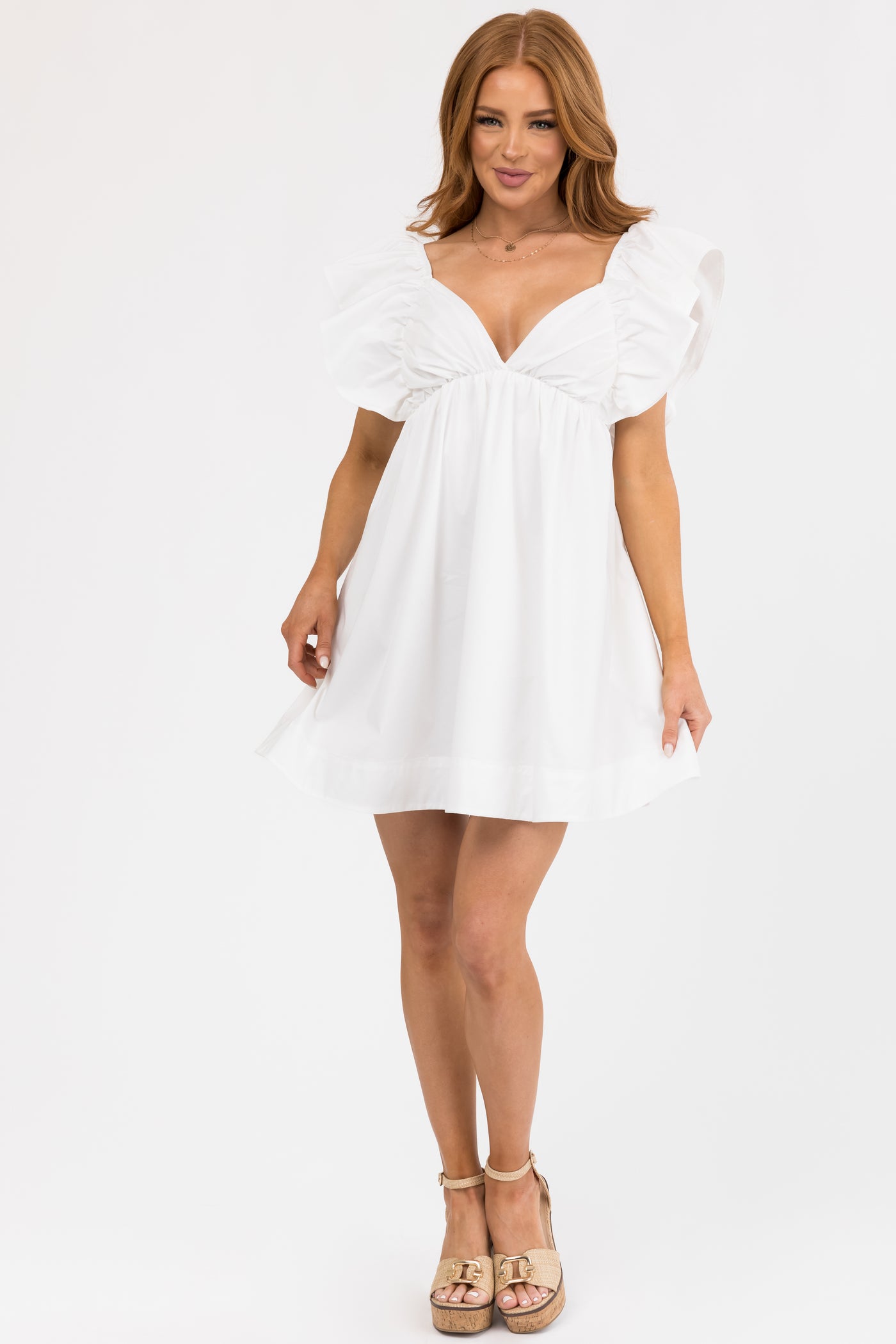 Off White Poplin Short Ruffle Sleeve Mini Dress