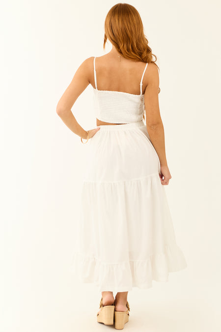 Off White Ruched Crop Top and Maxi Skirt Set