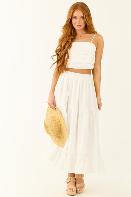 Off White Ruched Crop Top and Maxi Skirt Set