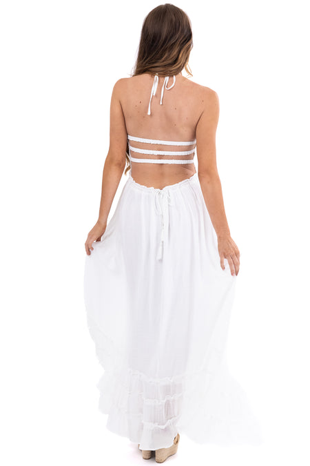 Off White Ruffle Bottom Sleeveless Maxi Dress