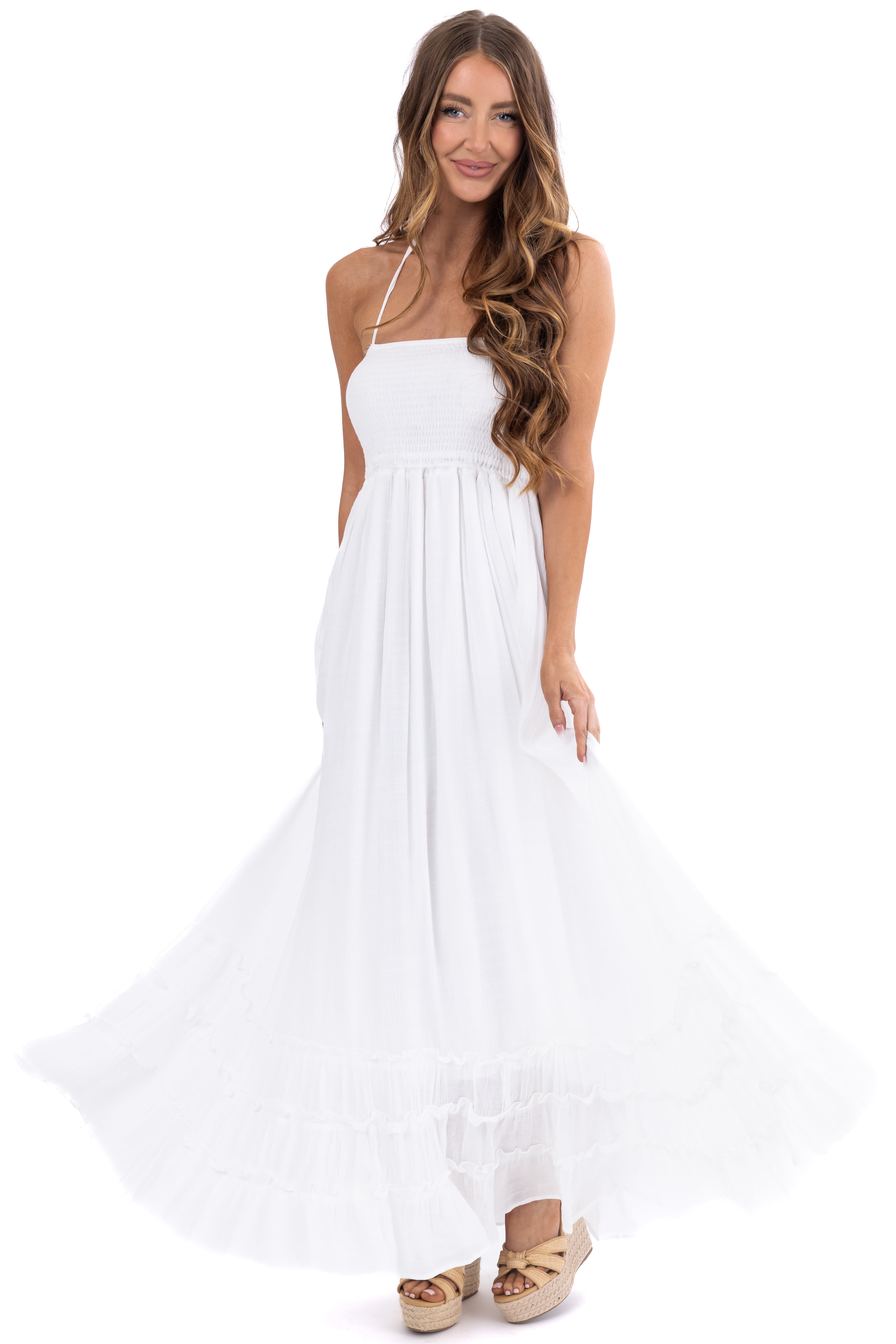 Off White Ruffle Bottom Sleeveless Maxi Dress