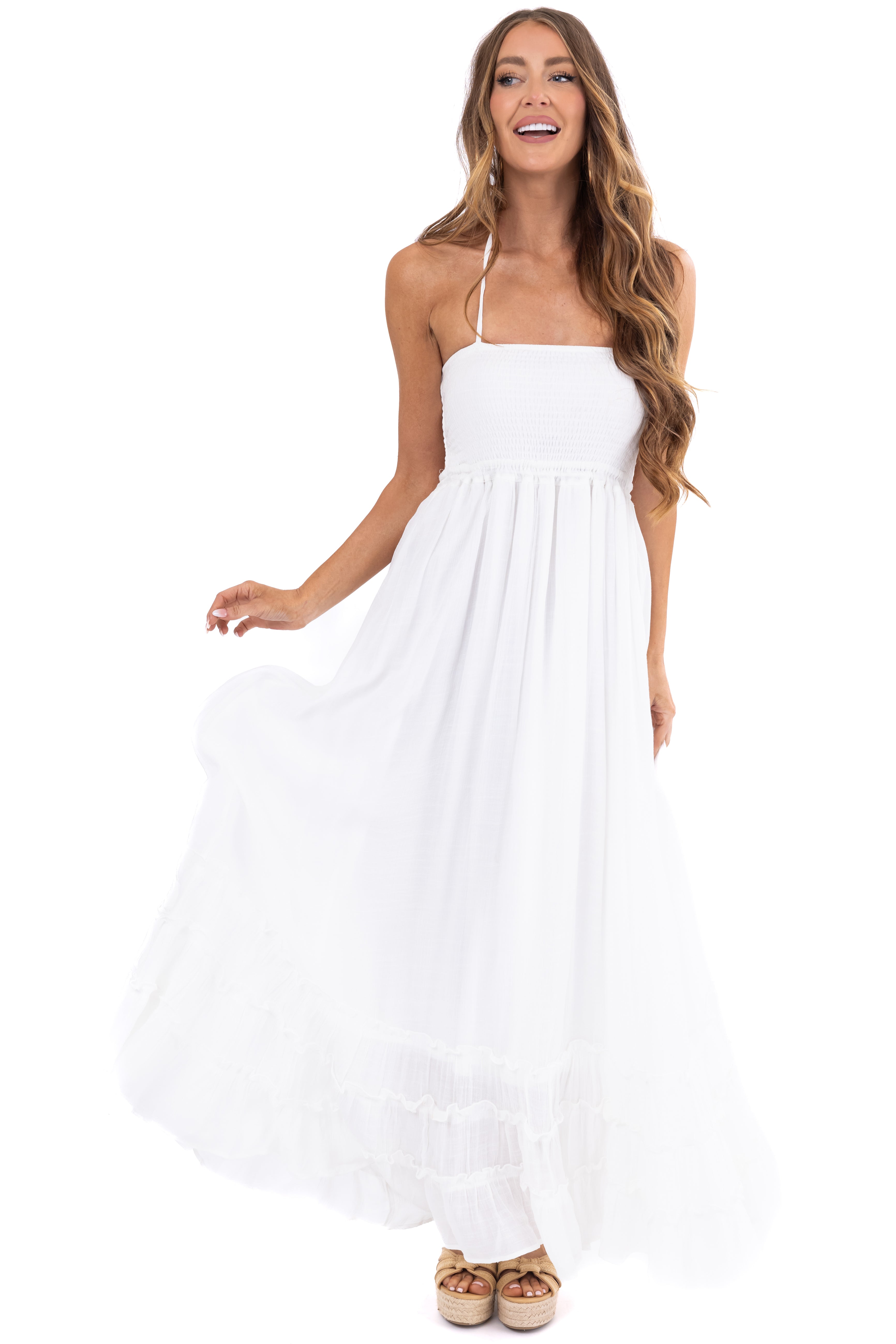 Off White Ruffle Bottom Sleeveless Maxi Dress