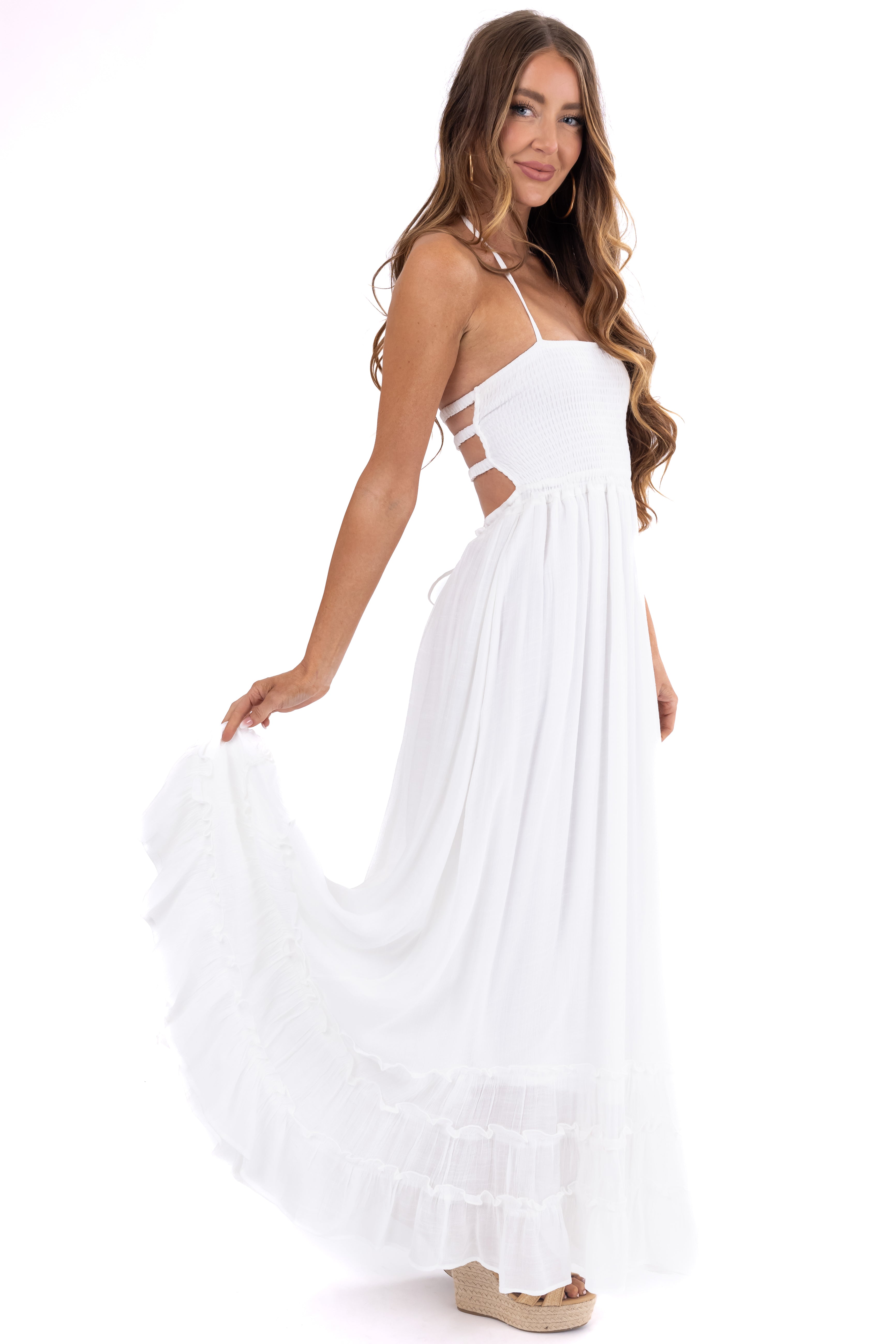 Off White Ruffle Bottom Sleeveless Maxi Dress