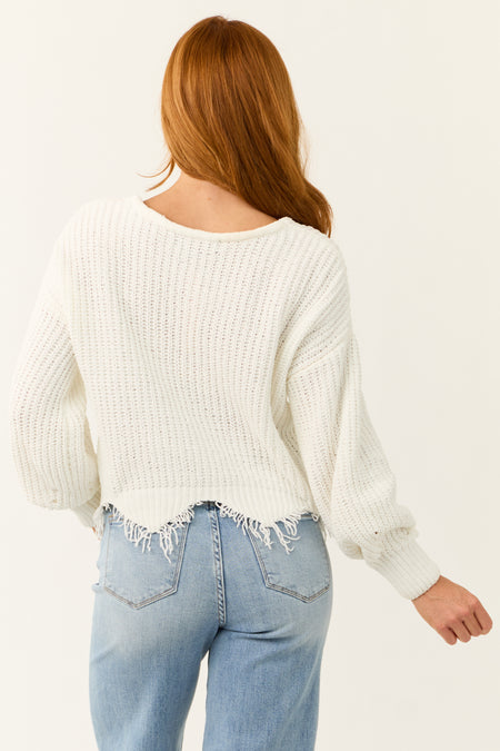 Off White Scalloped Fringe Hem Chenille Sweater