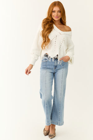 Off White Scalloped Fringe Hem Chenille Sweater