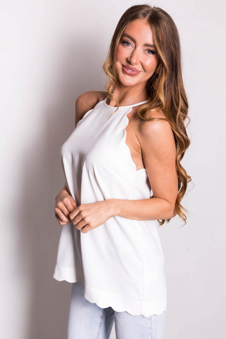 Off White Scalloped Halter Neck Sleeveless Blouse