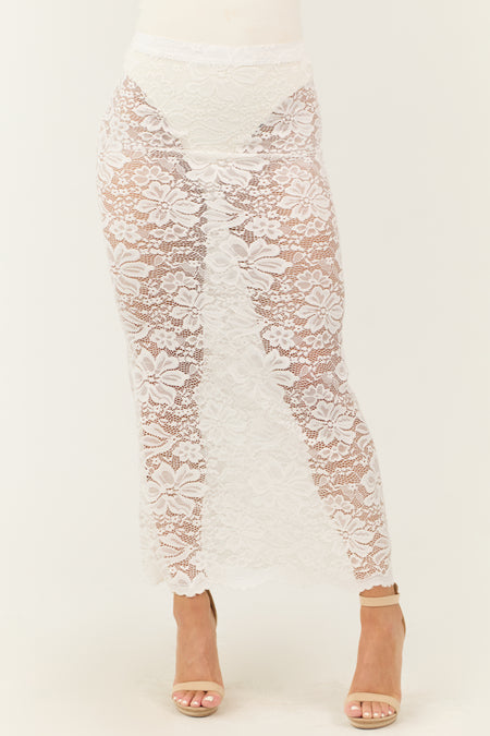 Off White Sheer Floral Lace Slight Flare Maxi Skirt