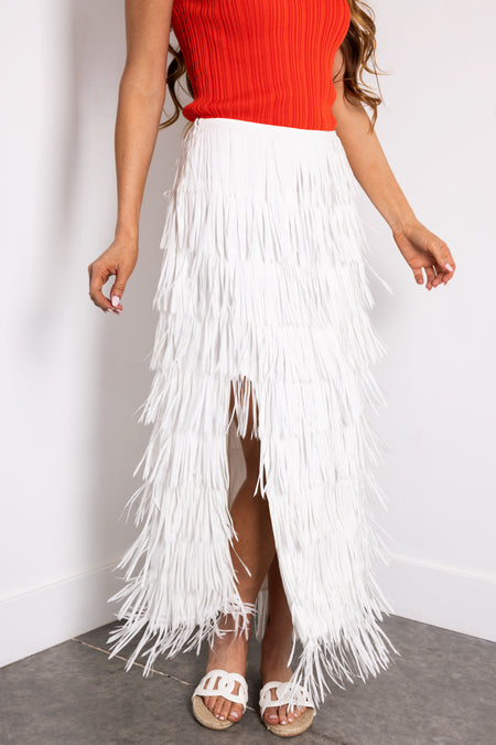 Off White Side Slit Fringe Midi Skirt