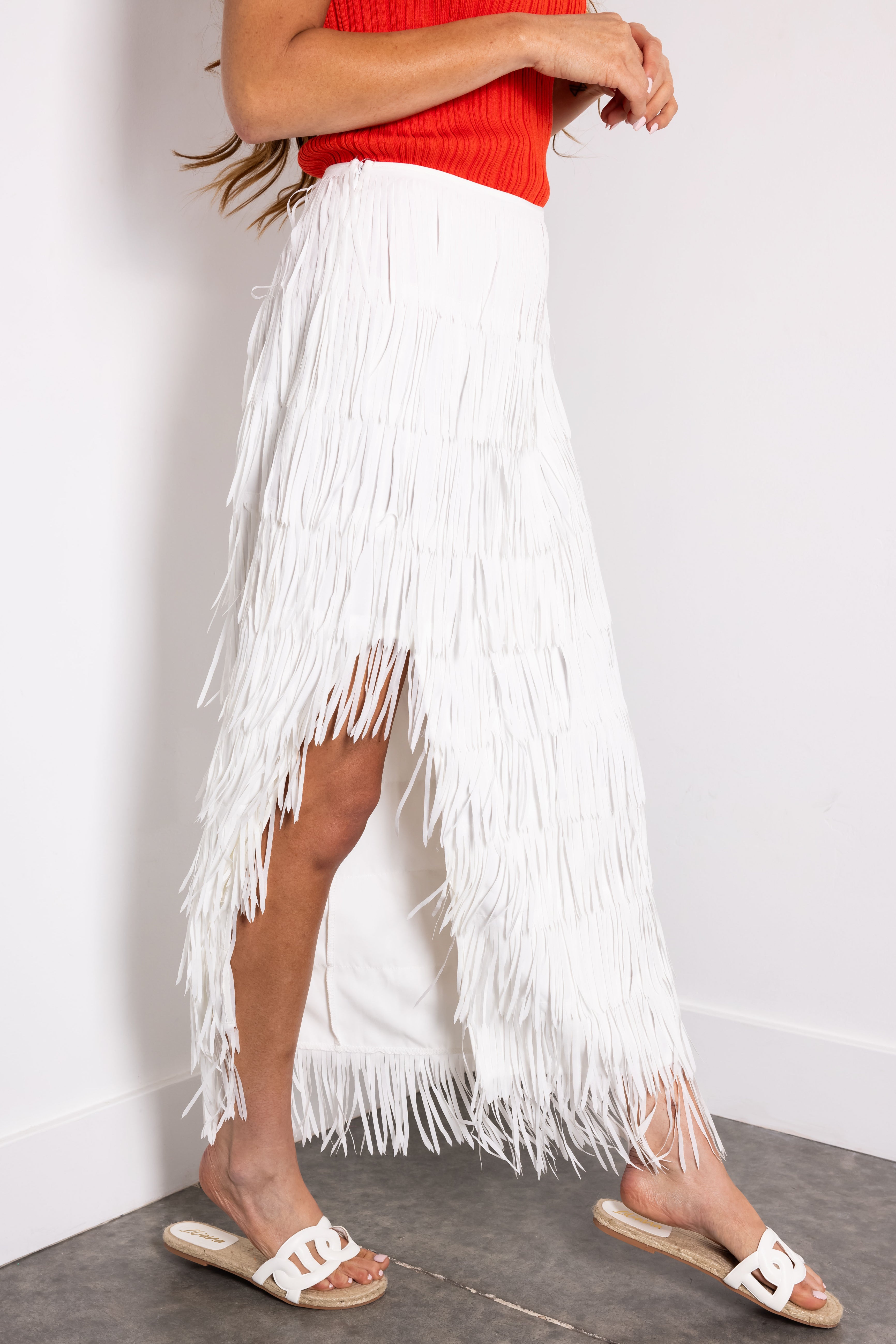 Off White Side Slit Fringe Midi Skirt