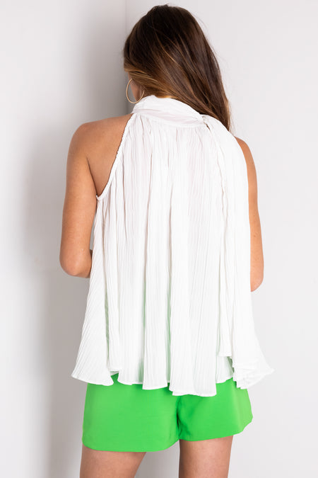 Off White Sleeveless Neck Tie Pleated Blouse