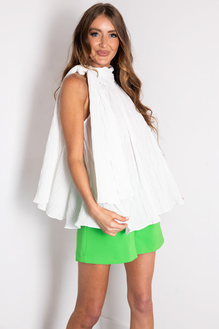 Off White Sleeveless Neck Tie Pleated Blouse