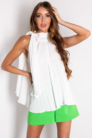 Off White Sleeveless Neck Tie Pleated Blouse