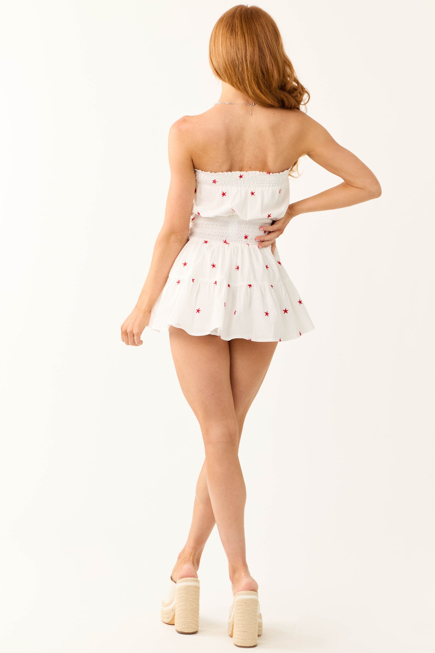 Off White Star Detail Strapless Smocked Romper