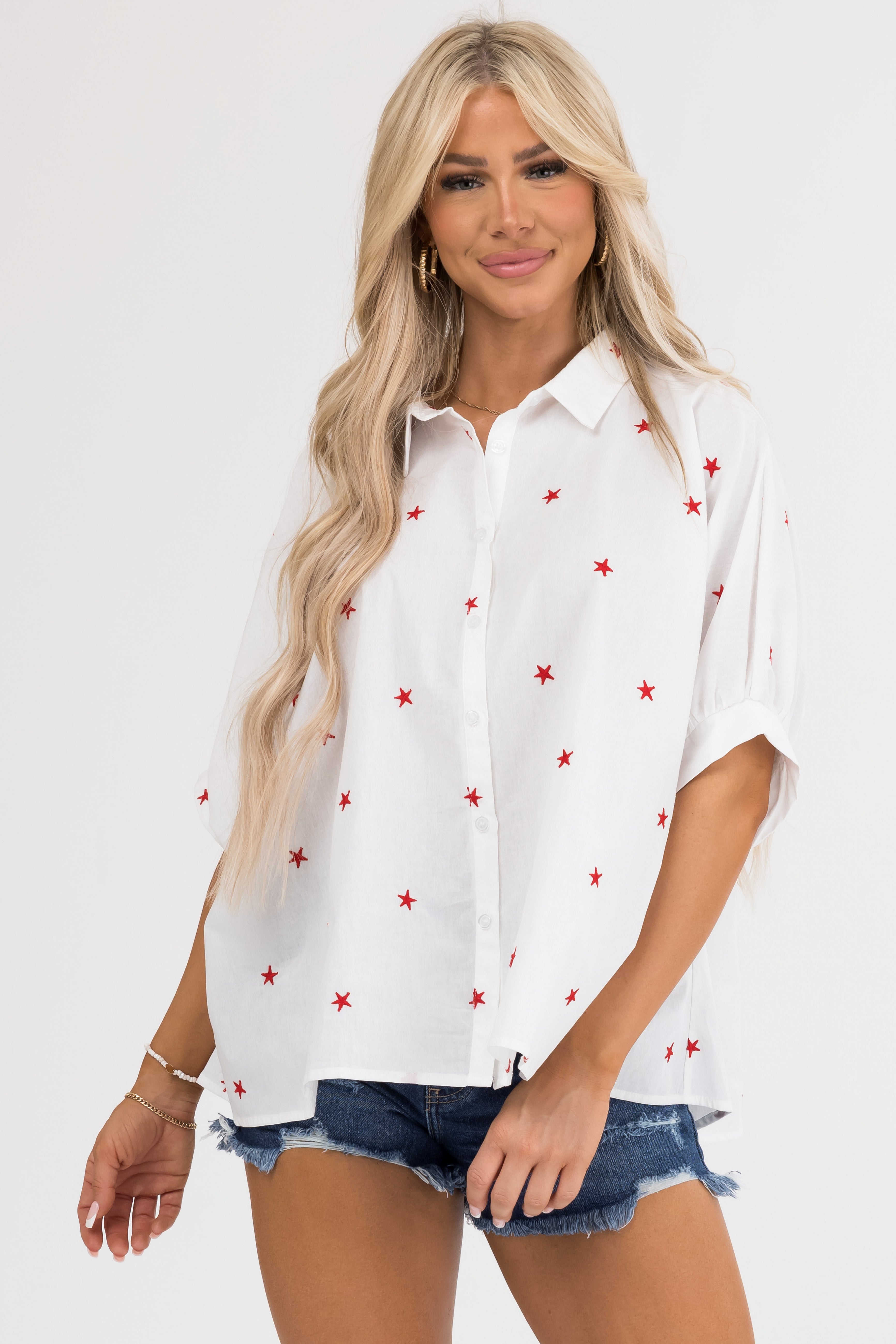 S Off White Star Embroidered Button Up Oversized Shirt