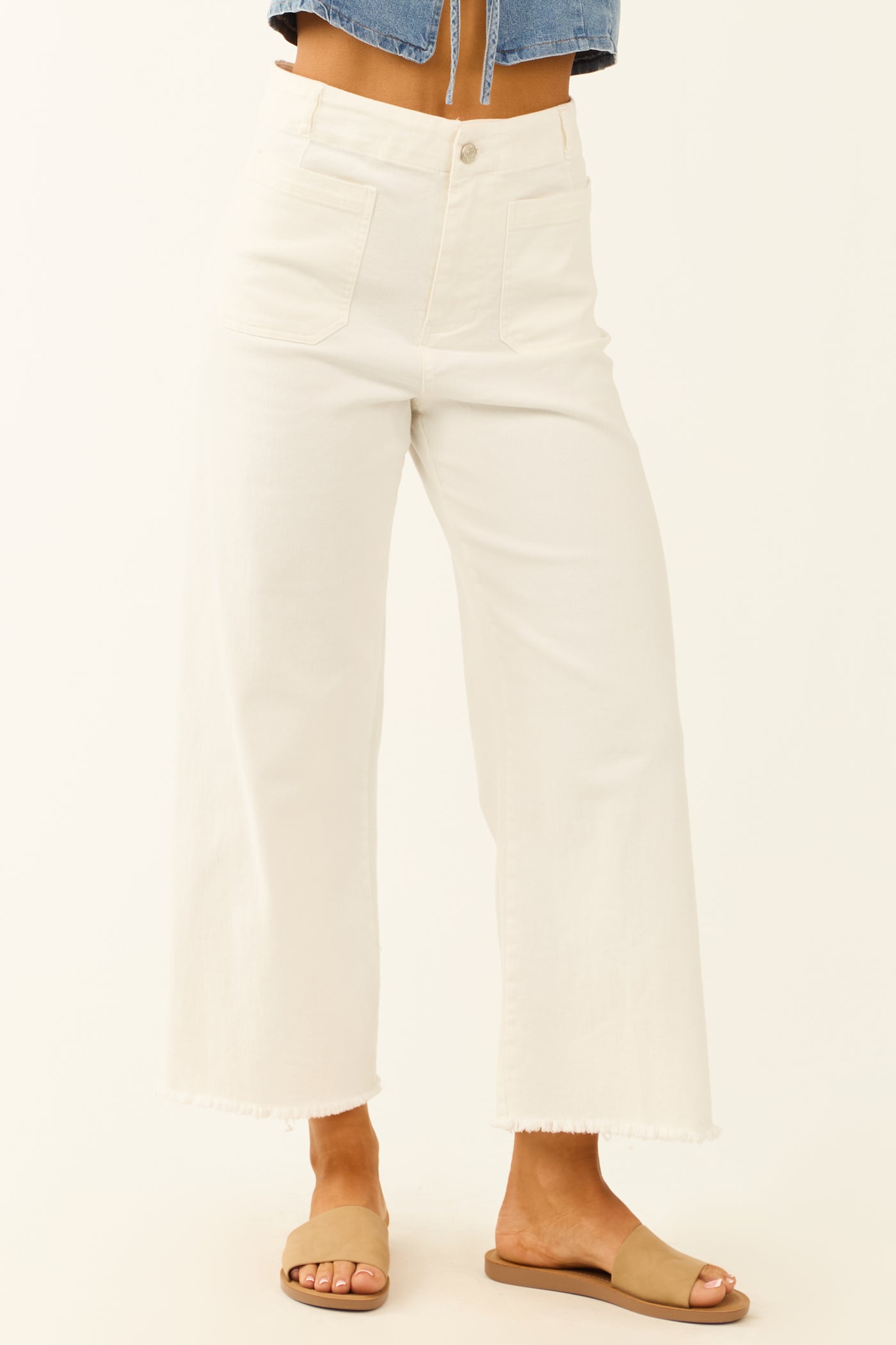 Off White Stretchy Denim Straight Patch Pocket Pants