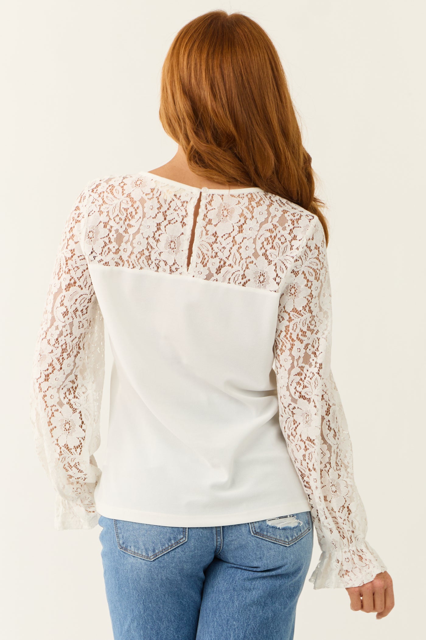 Off White Sweetheart Lace Long Sleeve Top