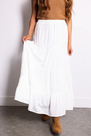 Off White Tiered Elastic Waist Woven Maxi Skirt