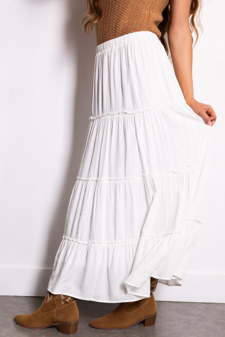 Off White Tiered Elastic Waist Woven Maxi Skirt