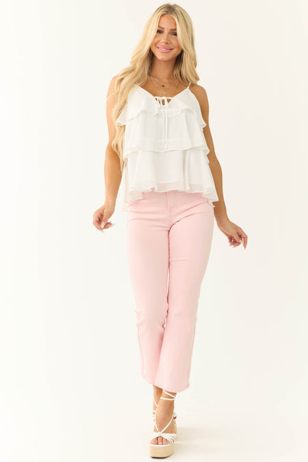 Off White Tiered Ruffle Front Tie Tank Top