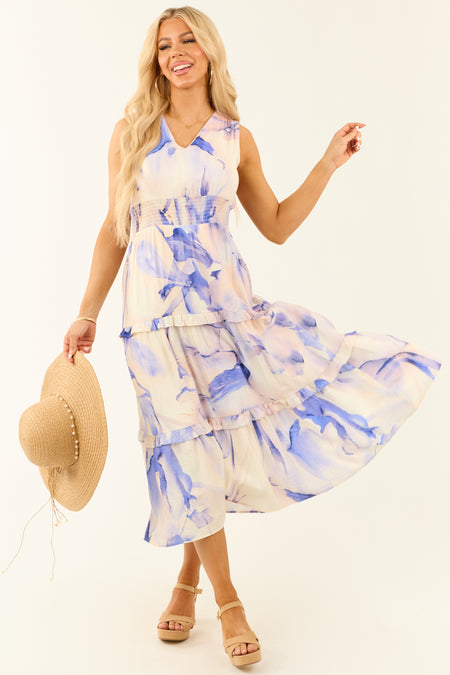 Off White Watercolor Sleeveless Tiered Midi Dress