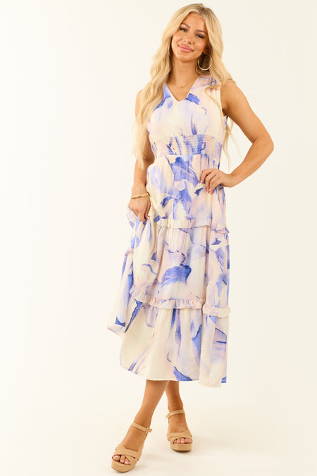 Off White Watercolor Sleeveless Tiered Midi Dress